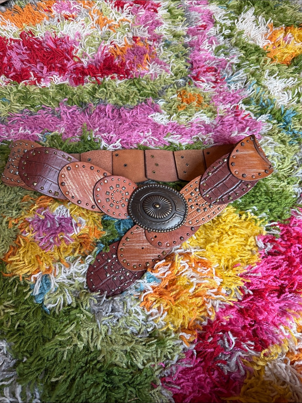 Brown Studded Leather Wide Belt with Decorative Buckle + Studs